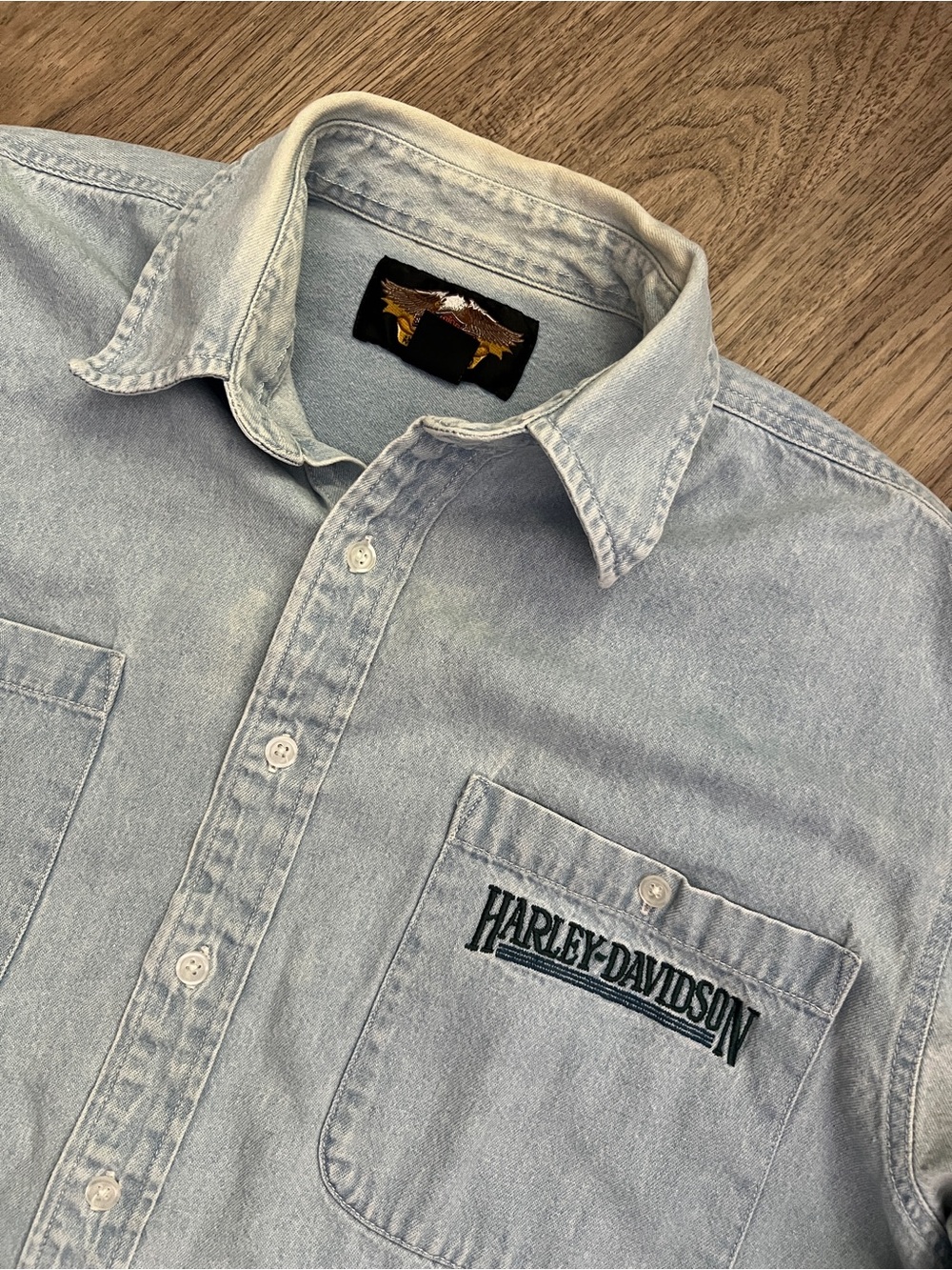 Harley-Davidson Light Blue Denim Button-Down Shirt with Embroidered Logo